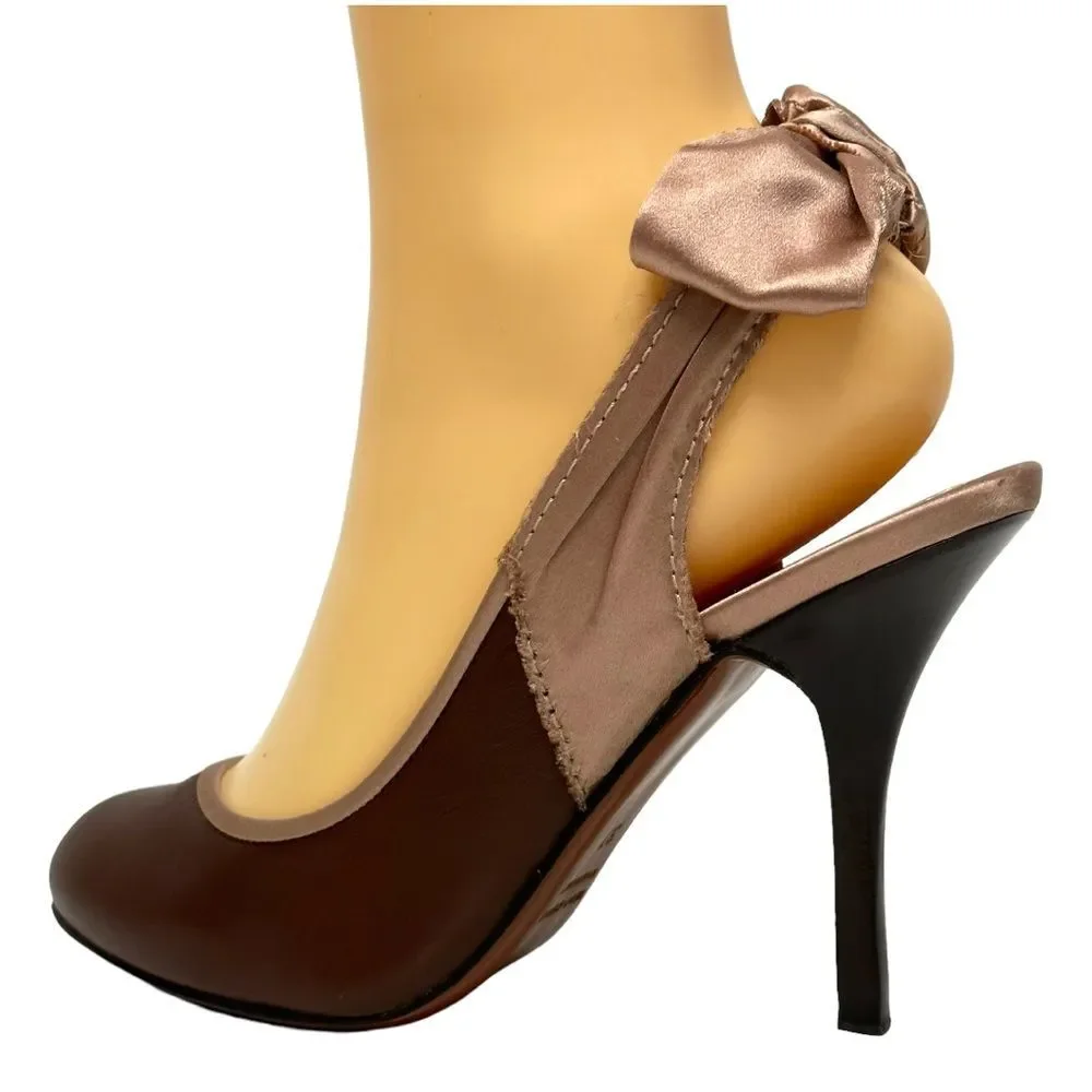 LANVIN Brown Leather & Pink Silk Slingback Bow Pumps Heels 37 6.5 7 Italy